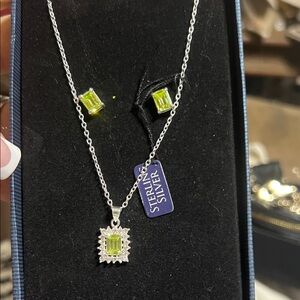 Peridot Green Halo Pendant Necklace & Stud Earrings Set
